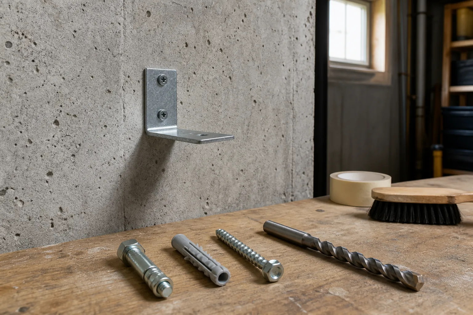 Steel bracket mounted on a concrete wall with concrete fasteners and masonry bit on a workbench
