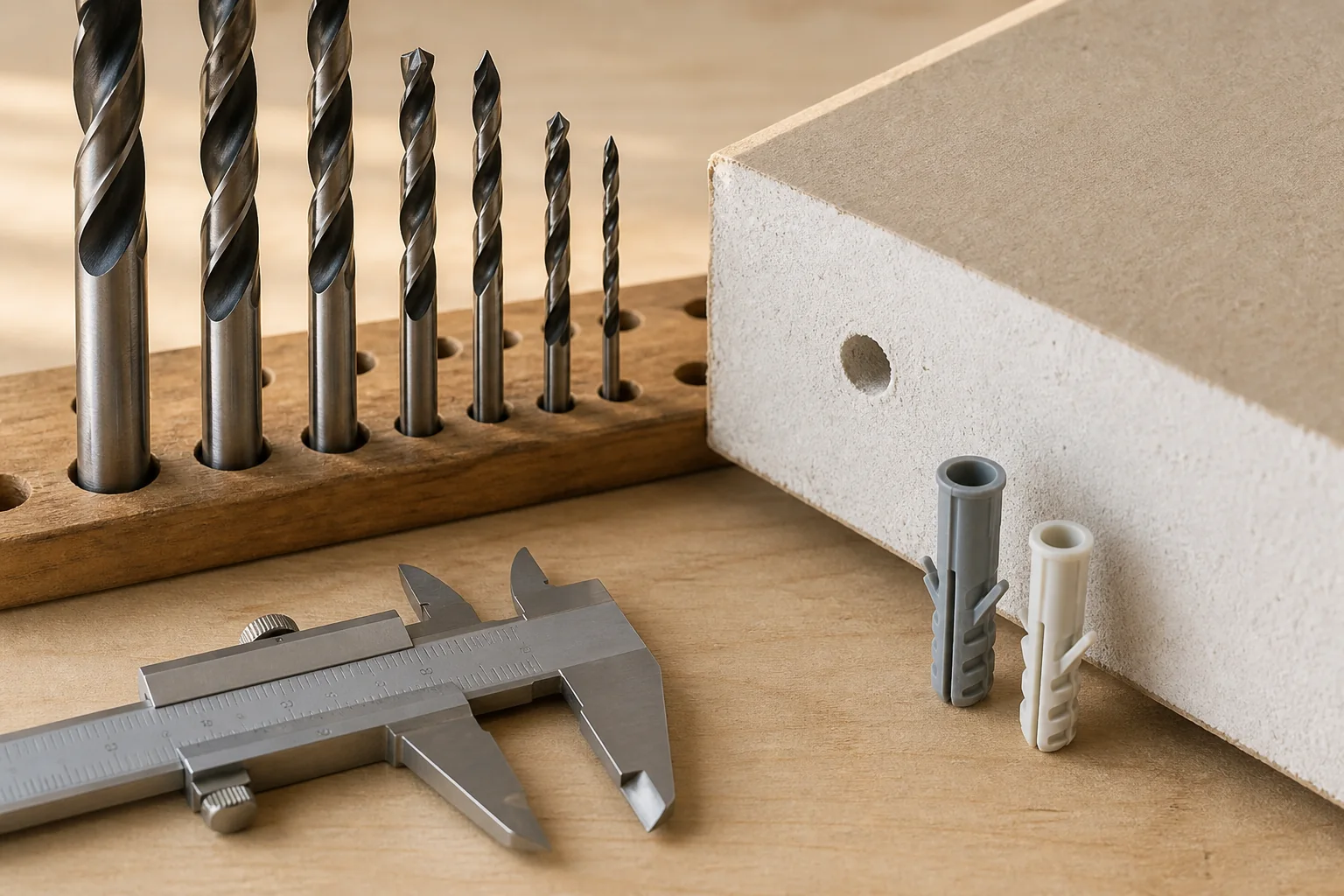 Wall anchors matched with several drill-bit diameters on a work surface