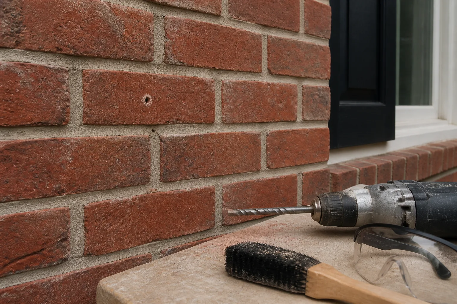 Brick wall with small comparison holes in the brick face and mortar joint beside a masonry drill