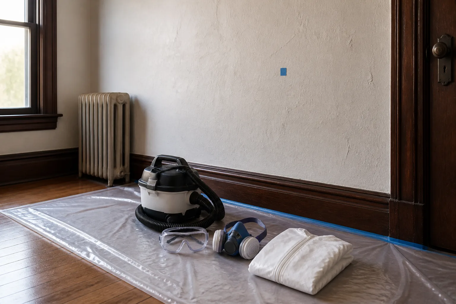 Lead-safe work area prepared beside an older plaster wall with floor containment and protective equipment