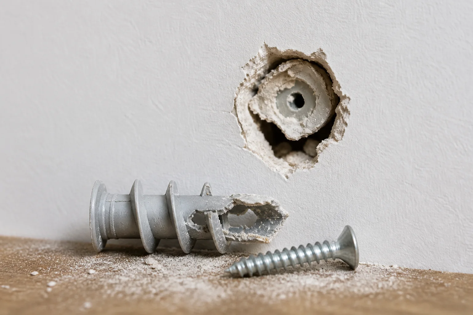 Loose drywall anchor and screw beside a damaged mounting hole