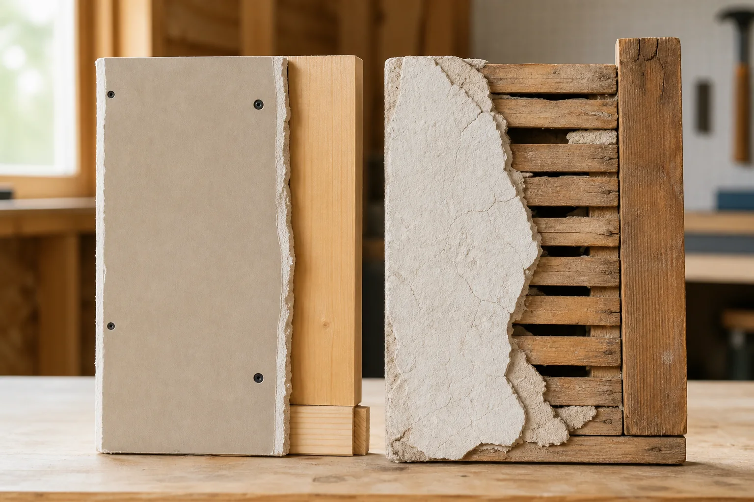 Side-by-side wall samples showing paper-faced drywall and traditional plaster construction