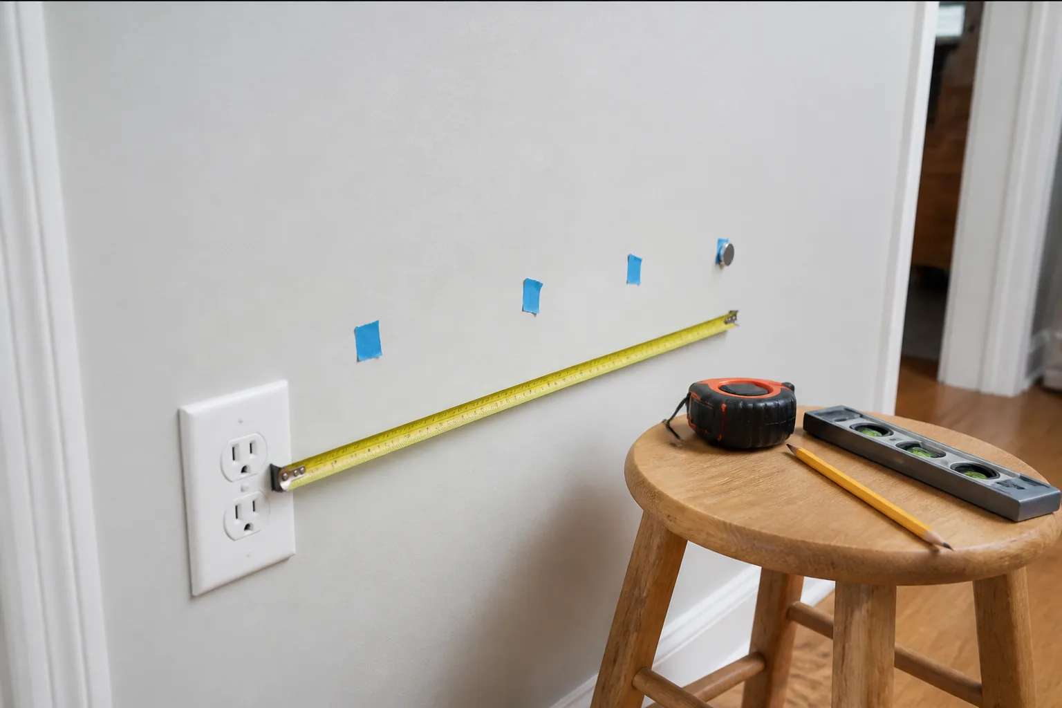 Tape measure, small magnet and painter's-tape marks used to locate wall studs near an outlet