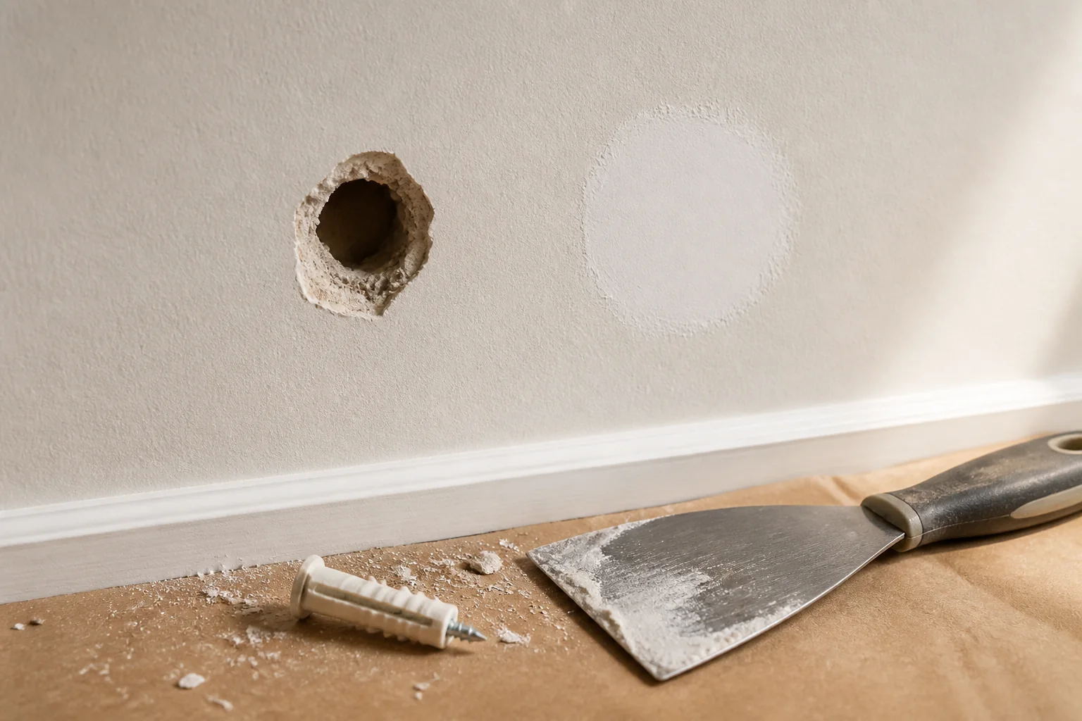 Oversized drywall anchor hole prepared for repair with patching tools