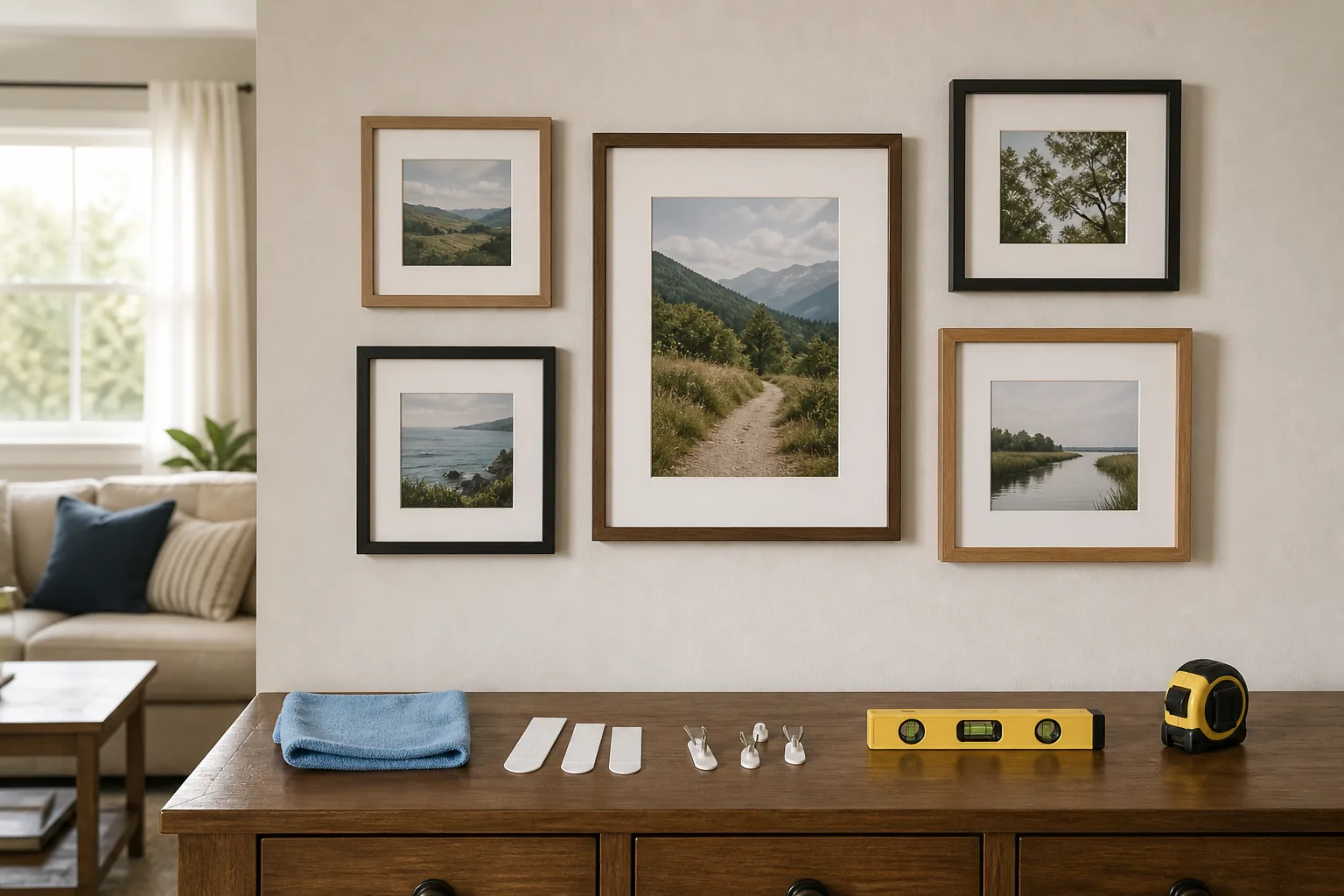 Gallery wall above removable strips, small picture hooks, a level and measuring tape