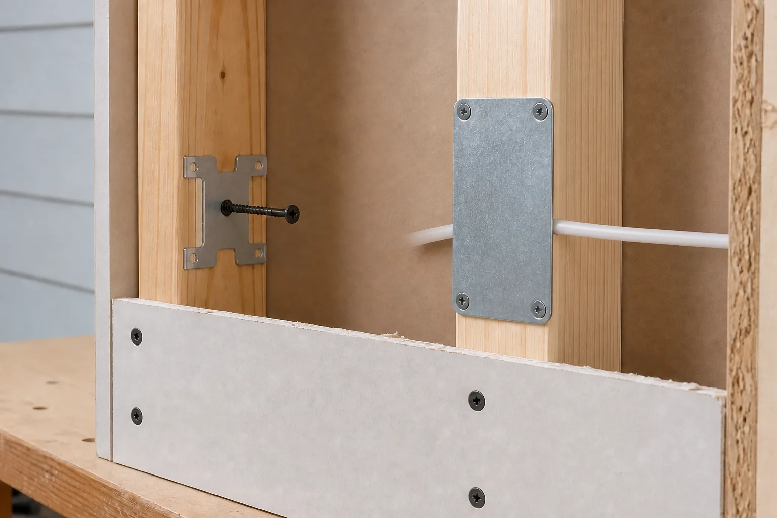 Residential wall training mockup with a centered mounting screw on one stud and a steel plate protecting a cable path on another
