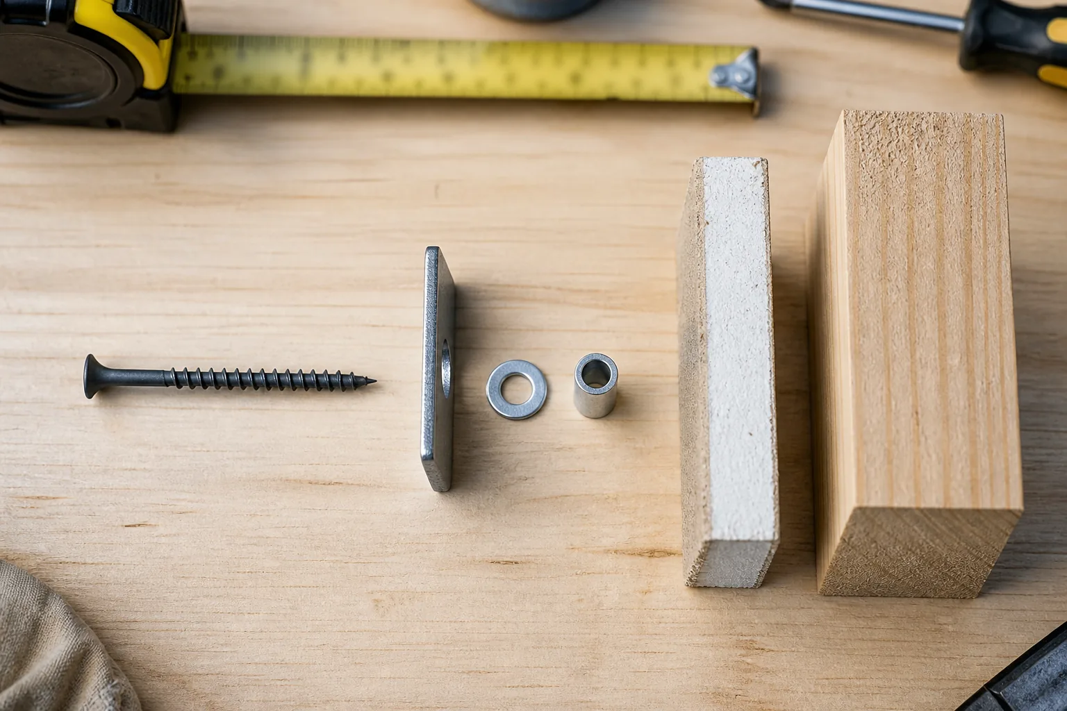 Wood screw arranged beside a mounting bracket, washer, spacer, drywall sample and pine stud to show the layers in a fastener stack