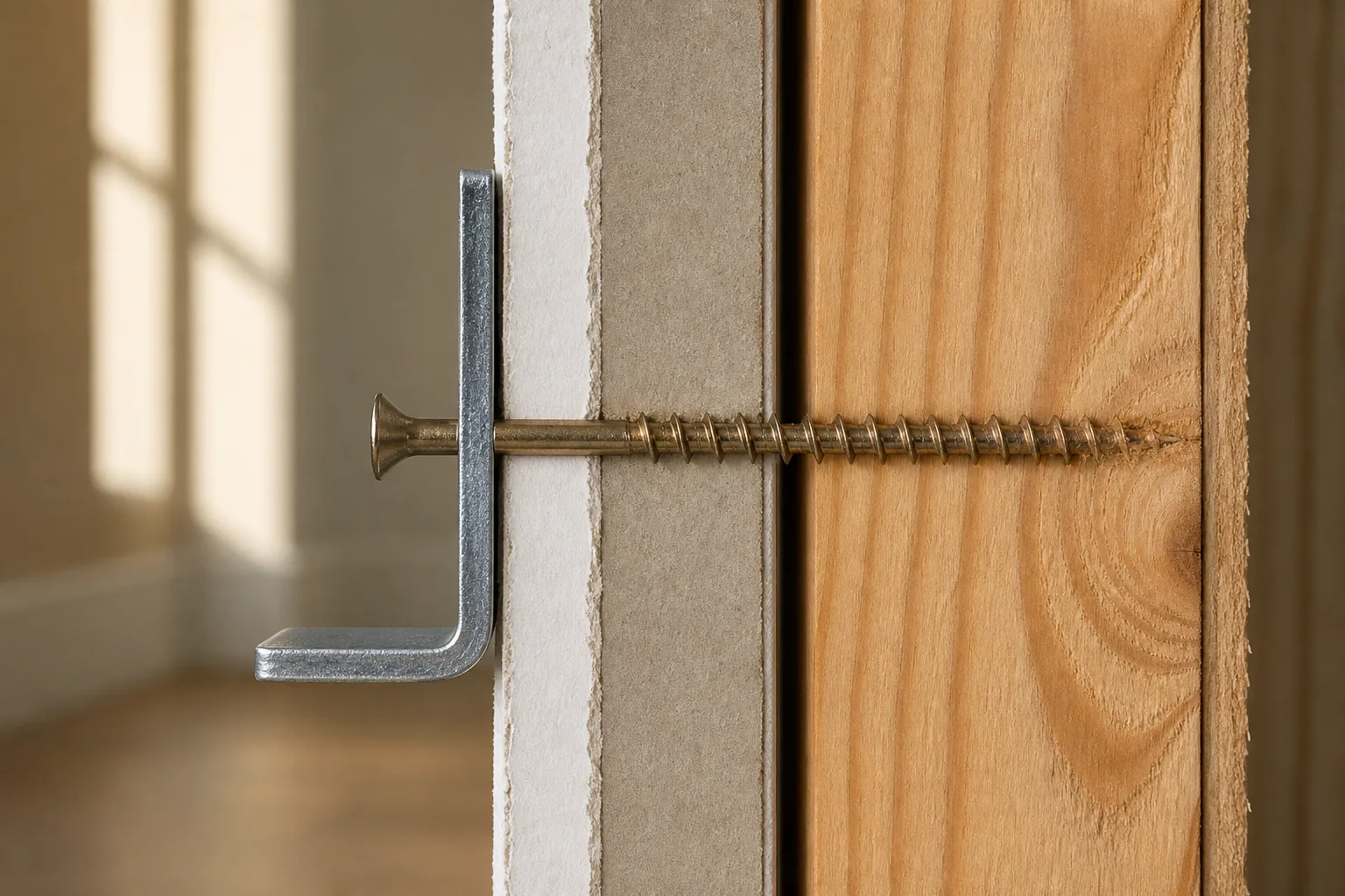 Wood screw passing through drywall and a mounting bracket into a wood stud
