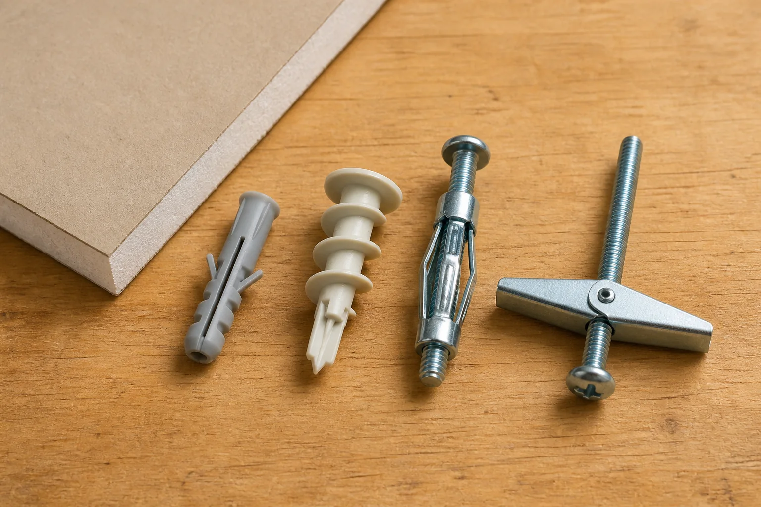 Drywall anchor styles arranged beside a painted wall and wood framing sample