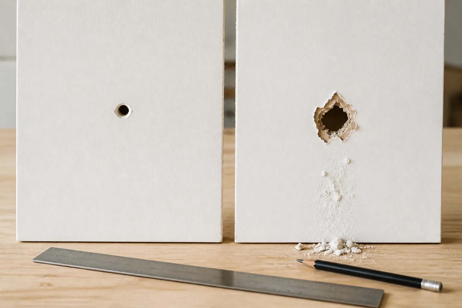 Two drywall samples comparing a small clean anchor hole with an enlarged hole that has torn paper and crumbled gypsum