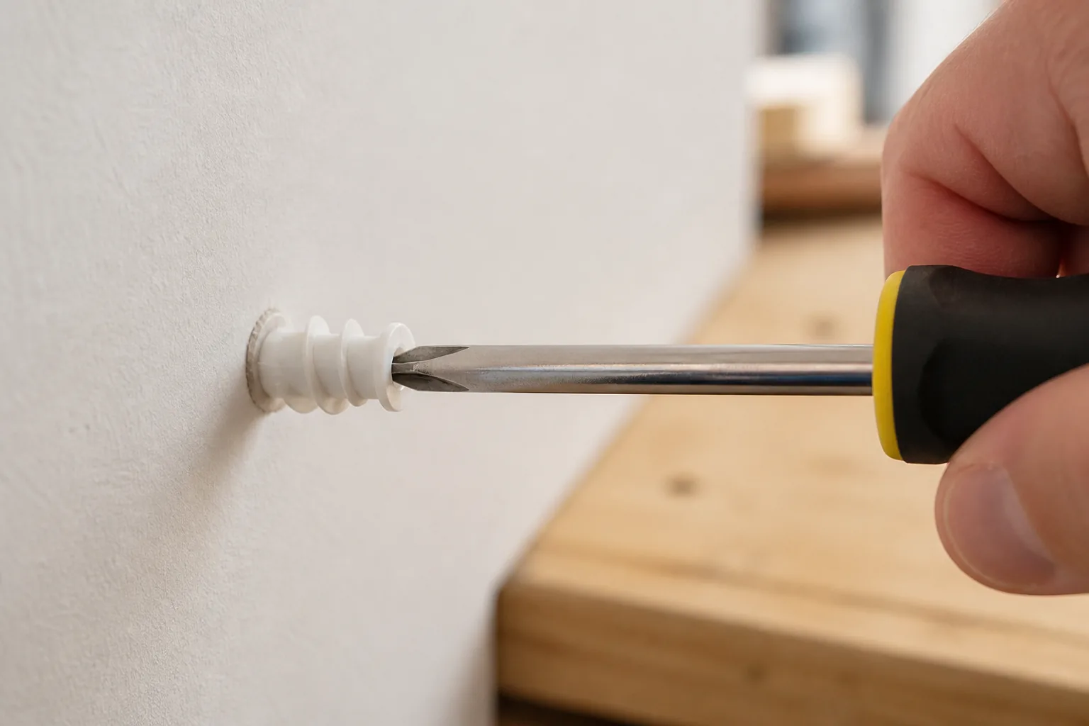 Manual Phillips screwdriver aligned with a generic threaded plastic drywall anchor during a controlled removal demonstration