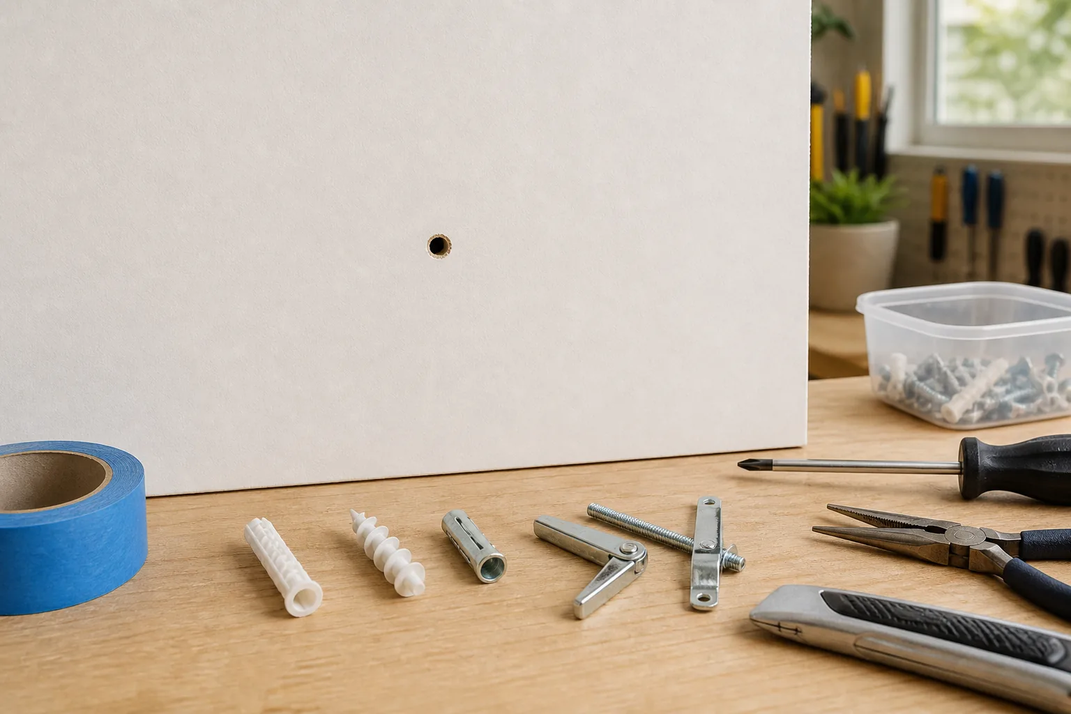 Removed plastic, metal sleeve, spring-toggle and strap-toggle anchors arranged beside a small hole in a drywall sample