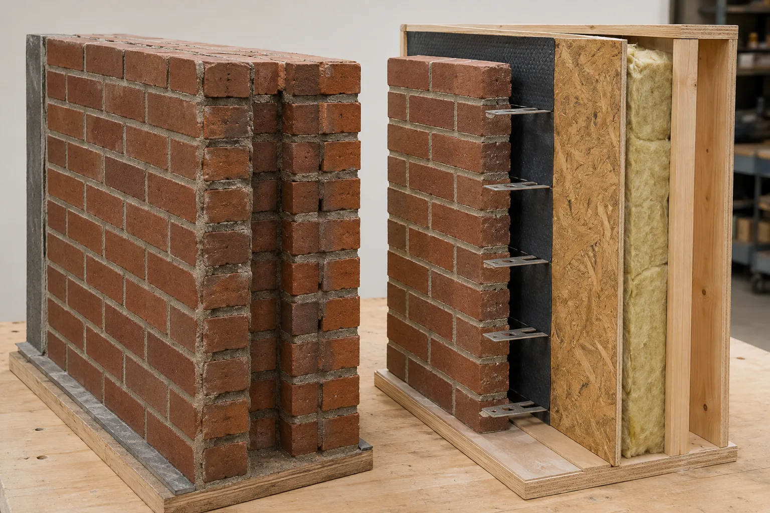Training mockups comparing an older multi-wythe brick wall with anchored brick veneer over sheathing and wood framing