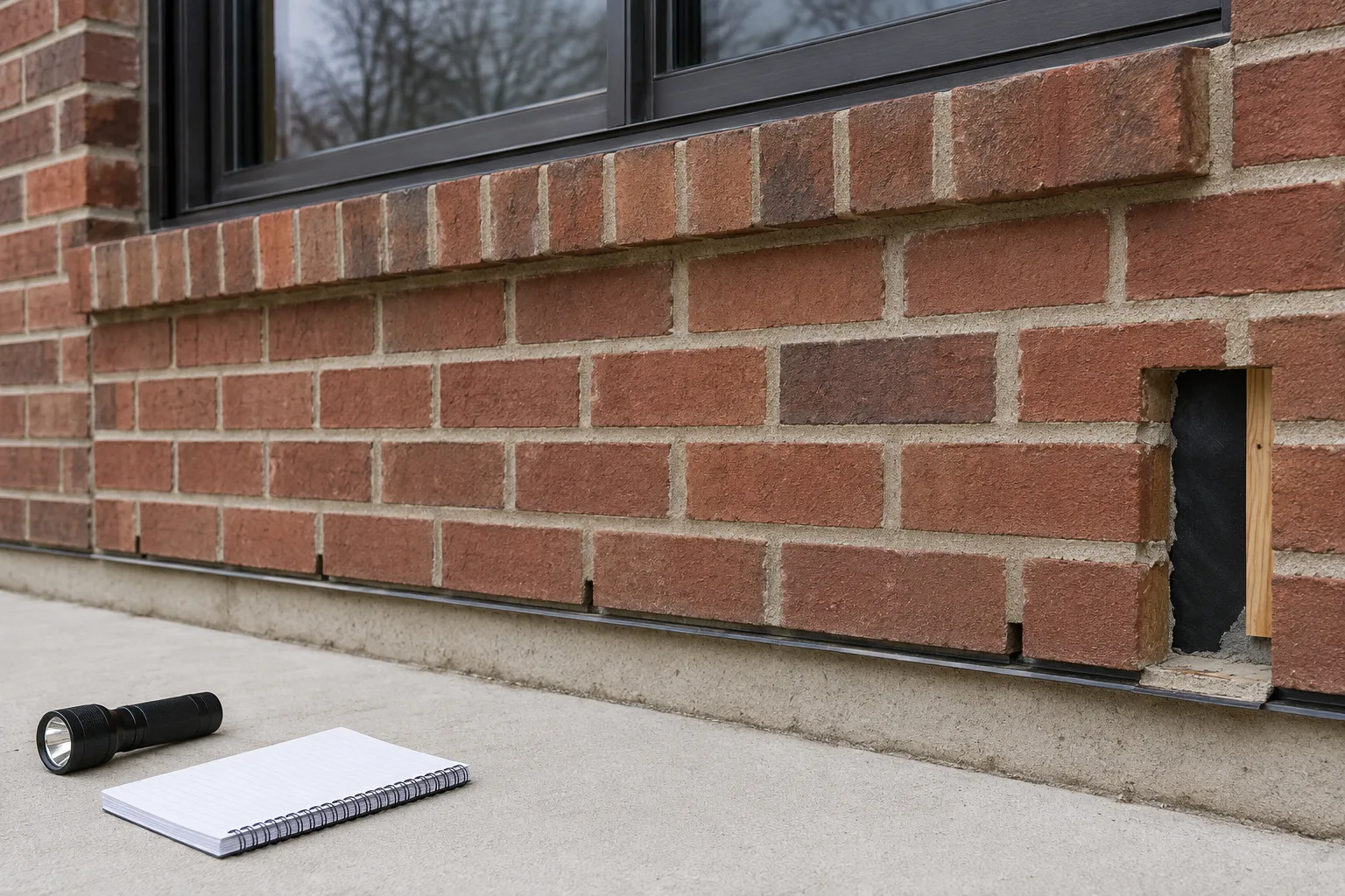 Brick veneer training mockup with narrow open head-joint weeps above base flashing and a small exposed edge