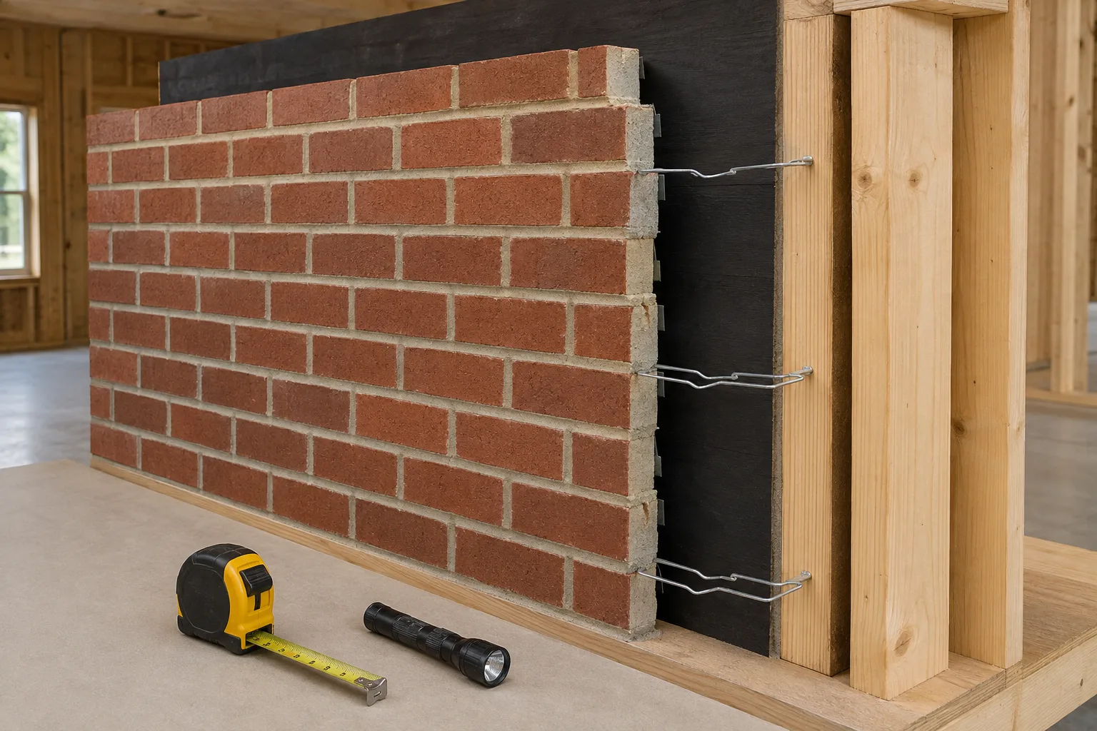 Brick veneer training wall with a drainage gap, sheathing, wood framing and generic wall ties visible at the cutaway edge