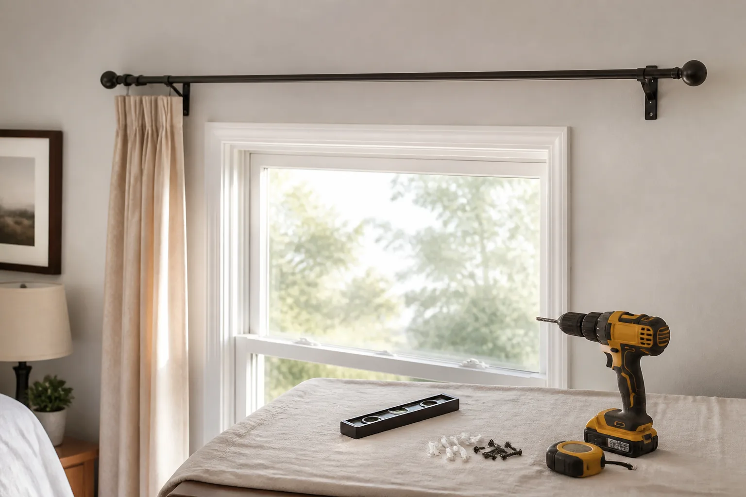 Curtain rod mounted above a window with drill, level, anchors and screws ready nearby