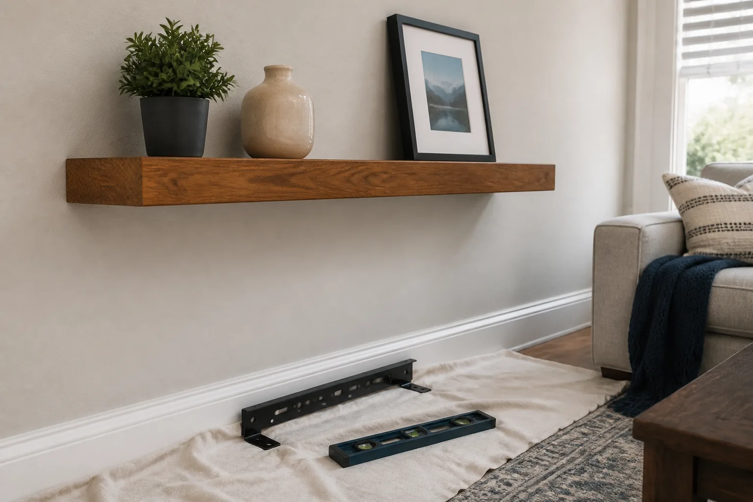 Wood floating shelf mounted level on drywall with its bracket and level staged below