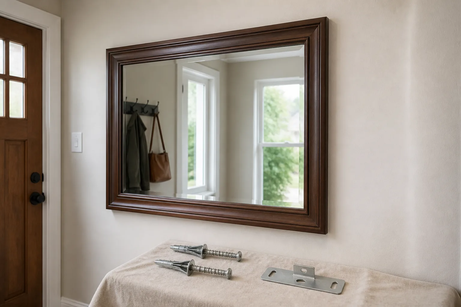 Heavy framed mirror mounted on drywall with generic mounting hardware staged below