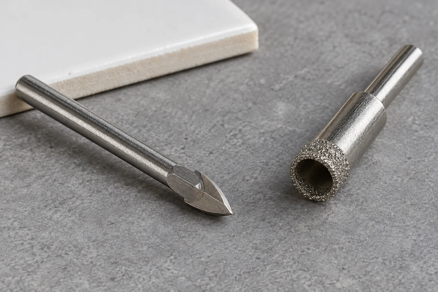 Generic carbide spear-point and hollow diamond-rim drill bits beside a white tile offcut