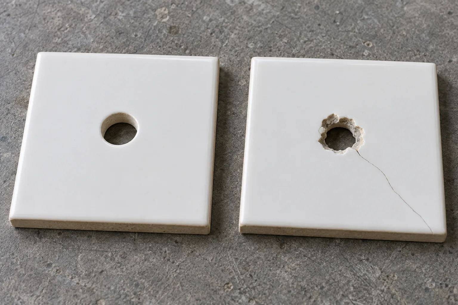 Two white tile offcuts comparing a round hole with a chipped hole and a visible radial crack