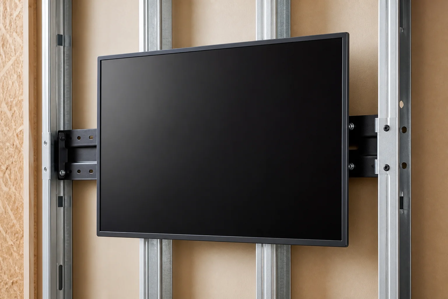Television mounting bracket aligned across metal wall studs