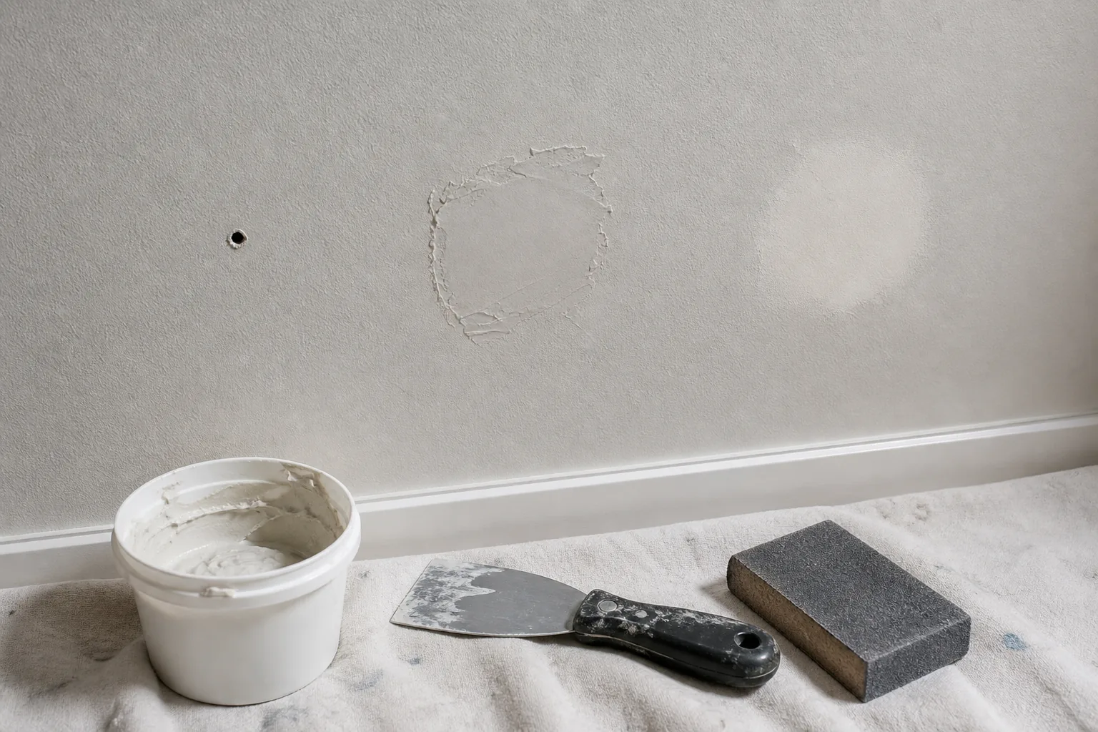 Small drywall holes shown at open, patched and sanded stages with repair tools below