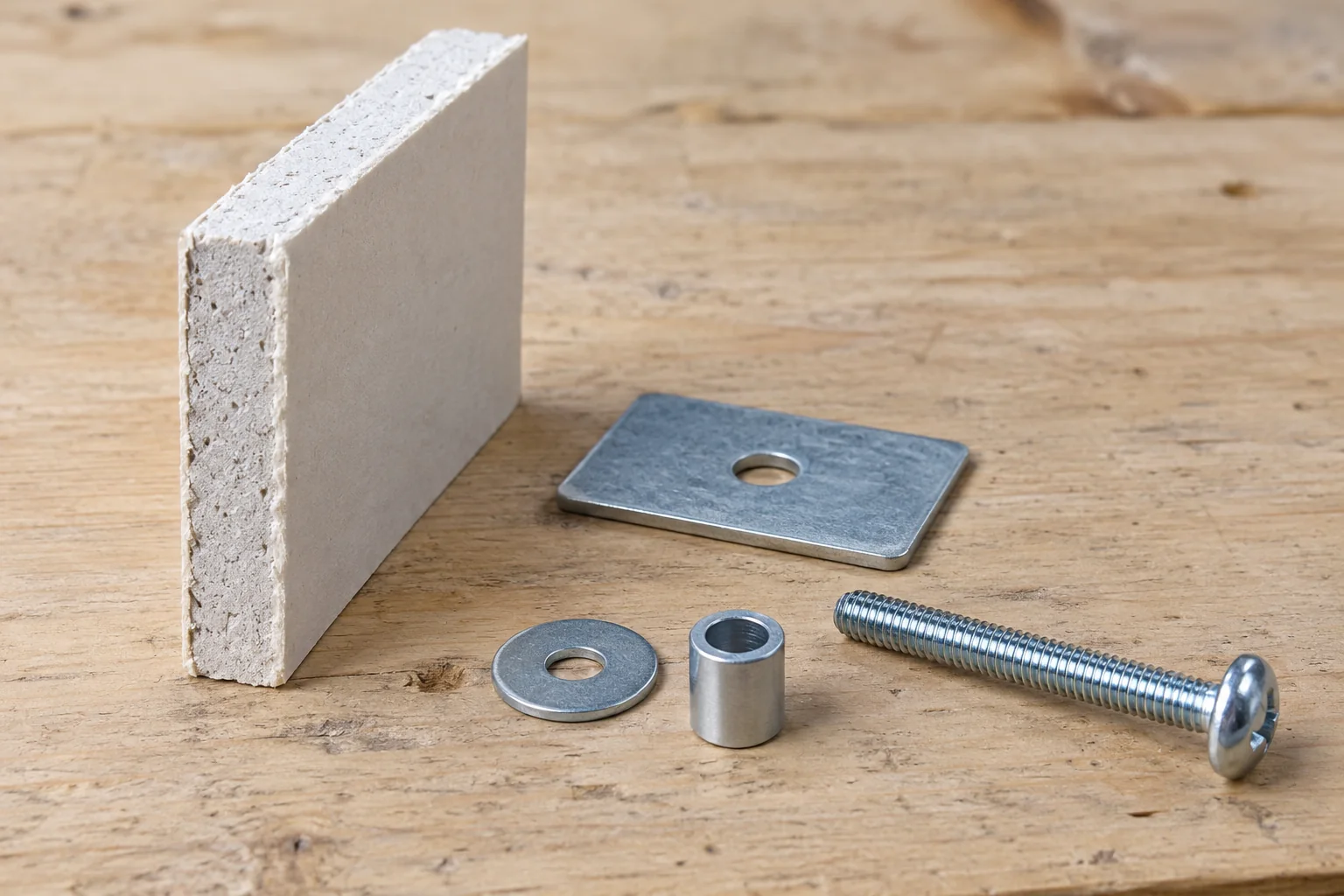 Separate drywall sample, steel mounting plate, washer, spacer and machine bolt on a bench illustrate the components to measure