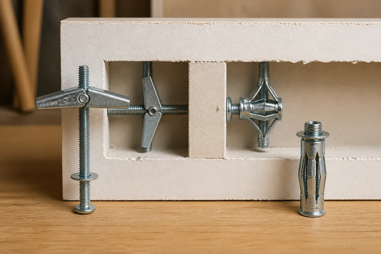 Toggle bolt and molly-style hollow-wall anchor arranged for comparison