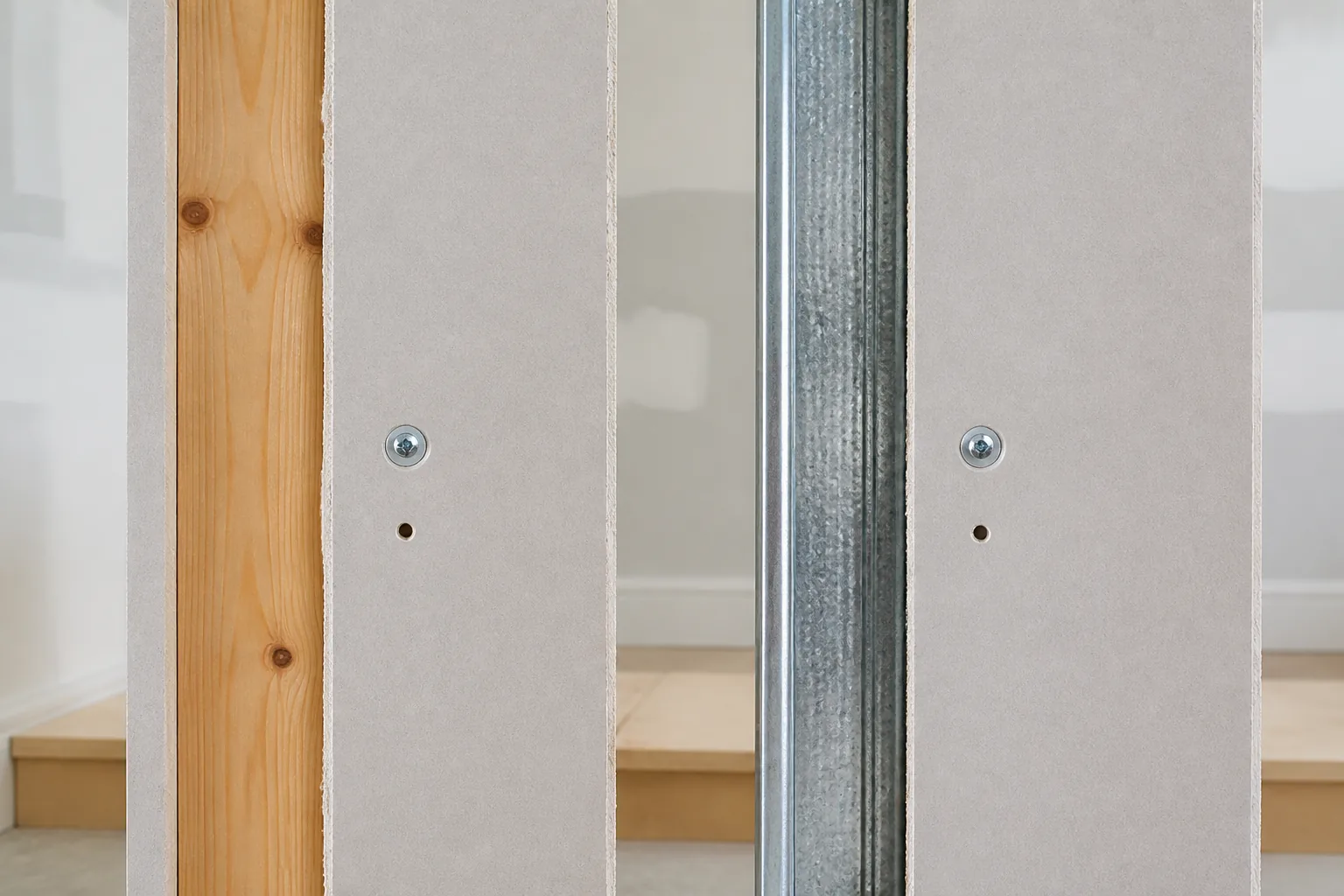 Residential wall samples comparing a pine wood stud with a galvanized metal stud