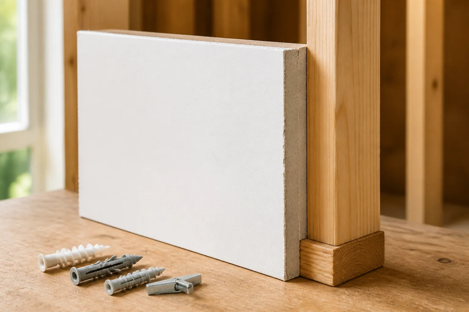 Paper-faced drywall sample beside exposed wood framing and several anchor types