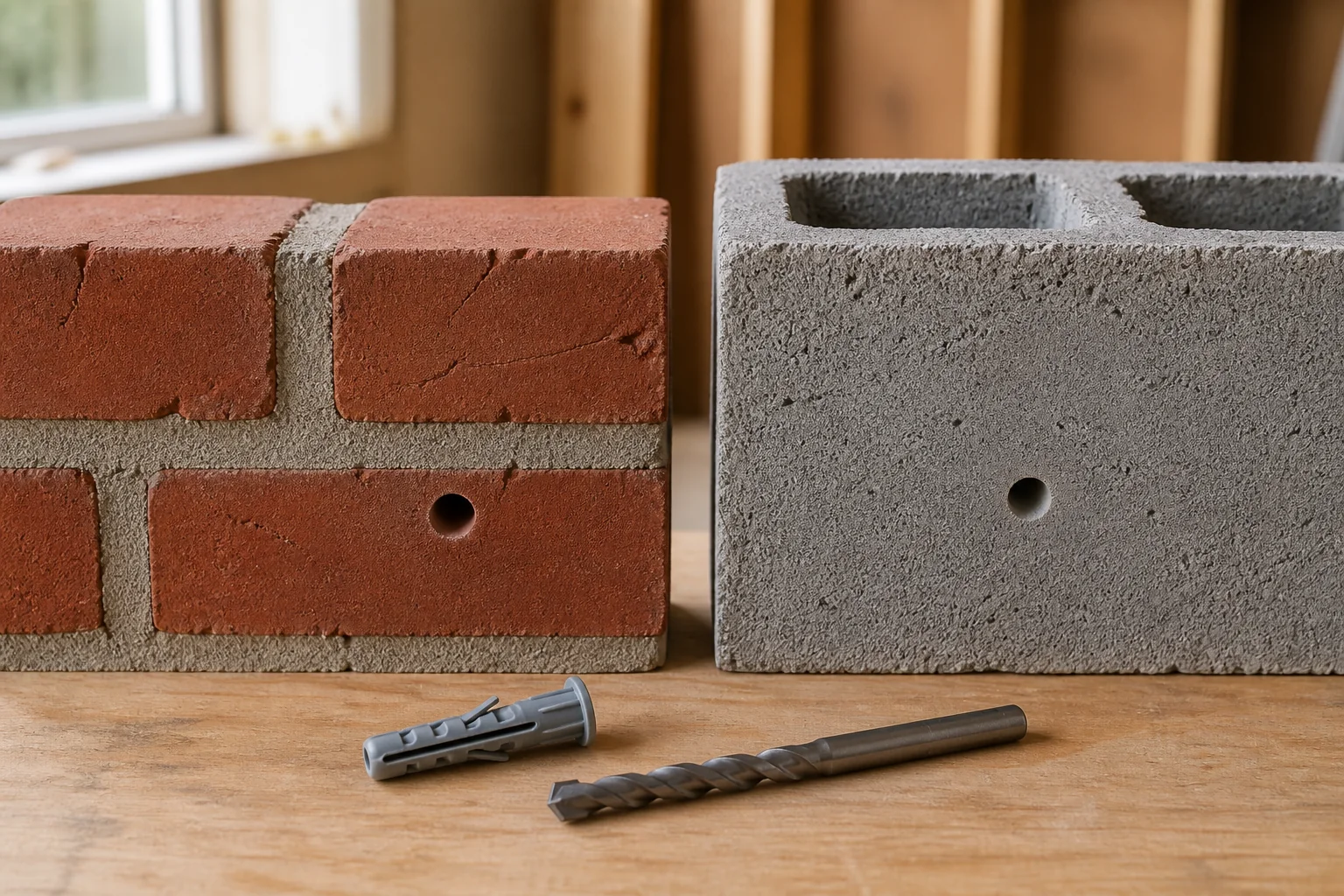 Brick and concrete masonry samples with an anchor and masonry drill bit