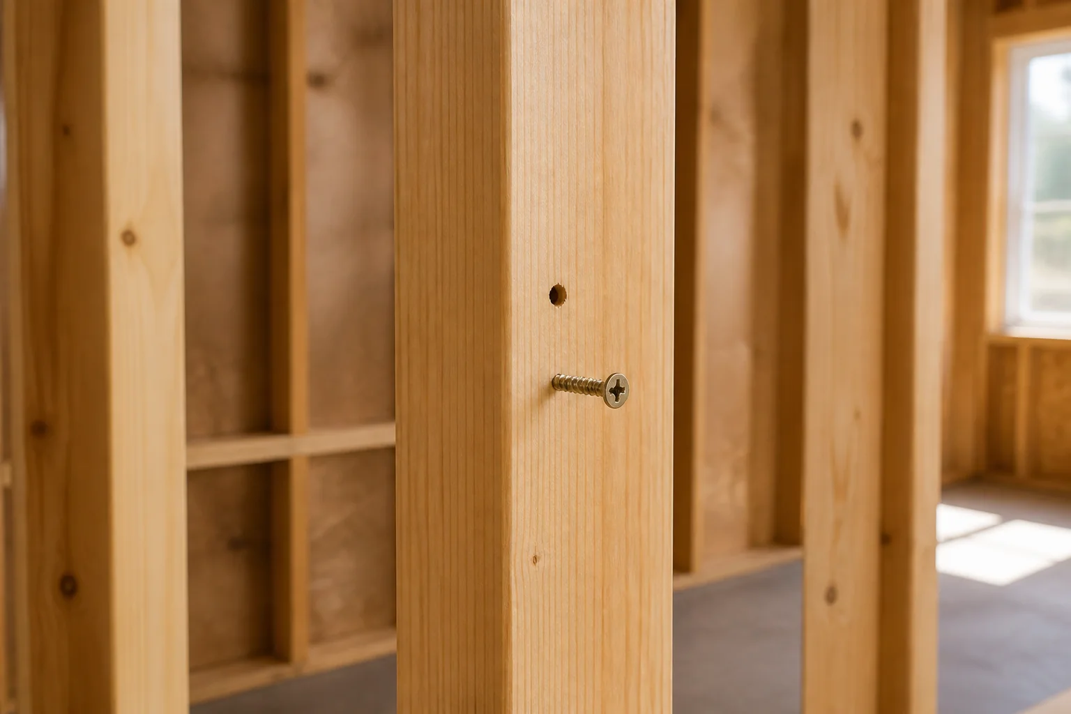 Exposed pine wall studs with a pilot hole and wood screw